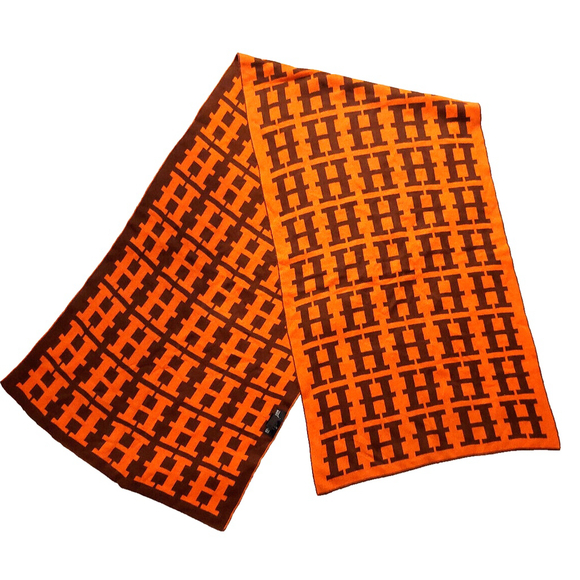 HERMÈS Iconic Brown & Orange Reversibile H Print Wool Scarf Pre-owned - Picture 3 of 16
